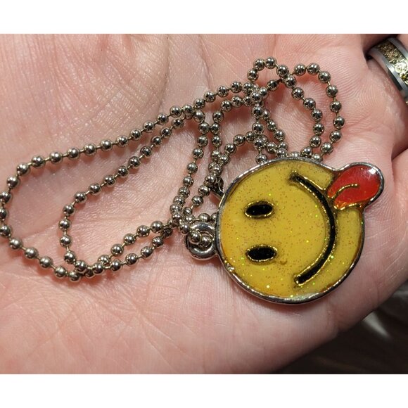 Vintage 90s Glitter Silly Face Enamel Pendant Necklace - Picture 5 of 6